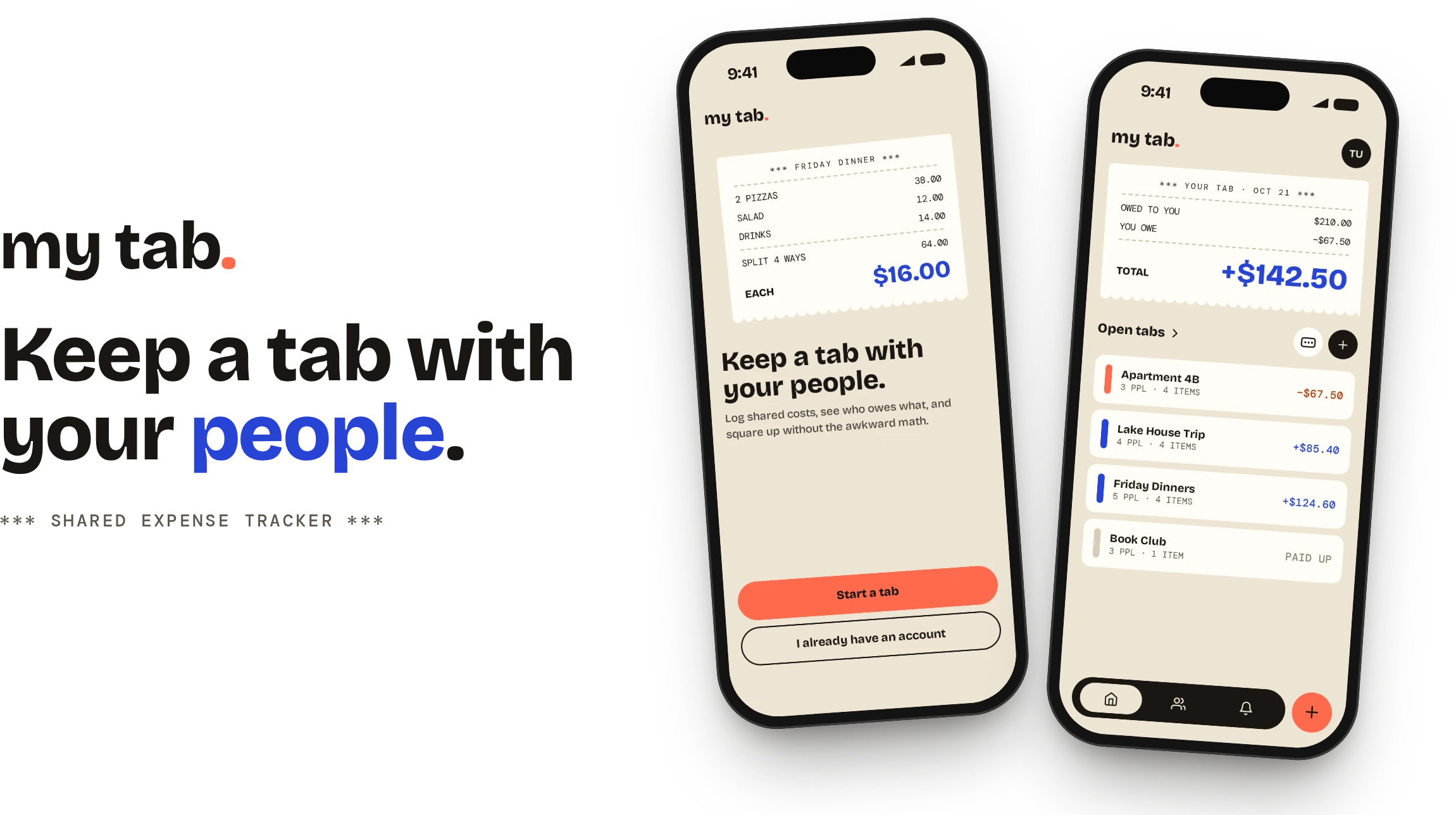 The My Tab wordmark and the line "Keep a tab with your people" next to the welcome and home screens on kraft paper
